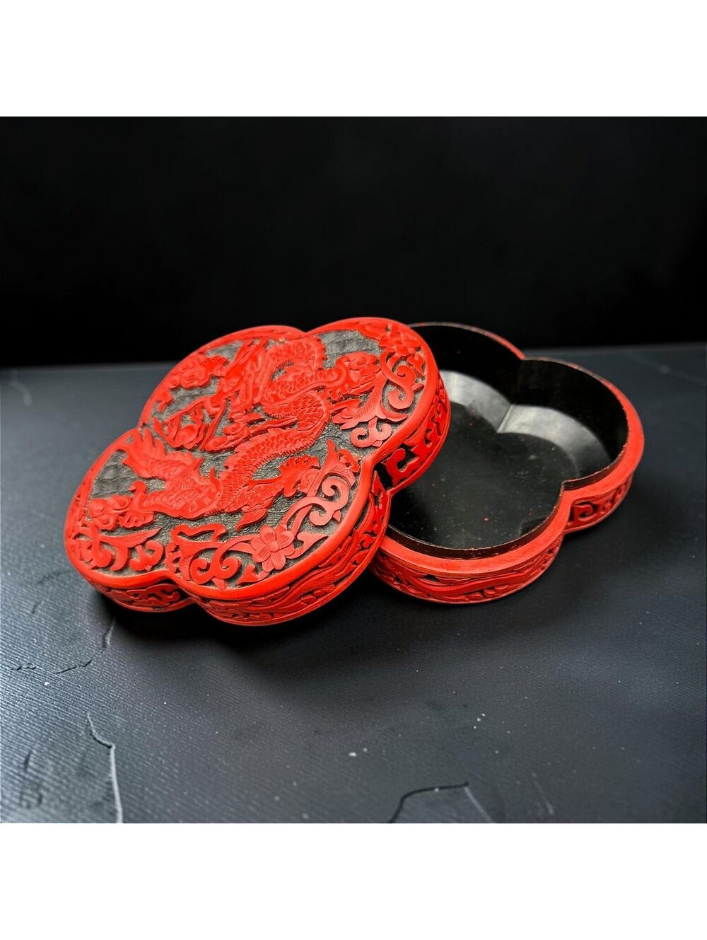 Antique Red Black lacquerware Dragon Phoenix Lidded Box 6" Hand Carved
